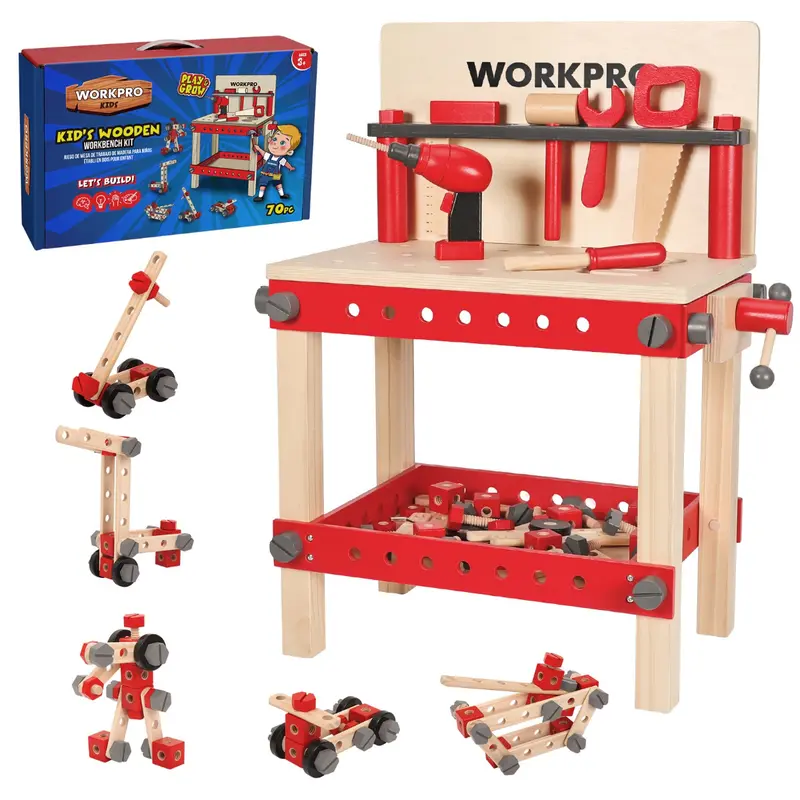 WORKPRO Holz-Bauspielzeug-Set mit 24 / 43 / 70 Teilen – tolles Geschenk für Kleinkinder ab 3 Jahren
