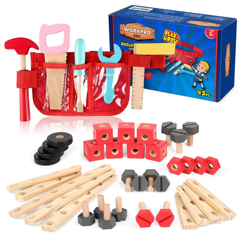 WORKPRO Holz-Bauspielzeug-Set mit 24 / 43 / 70 Teilen – tolles Geschenk für Kleinkinder ab 3 Jahren