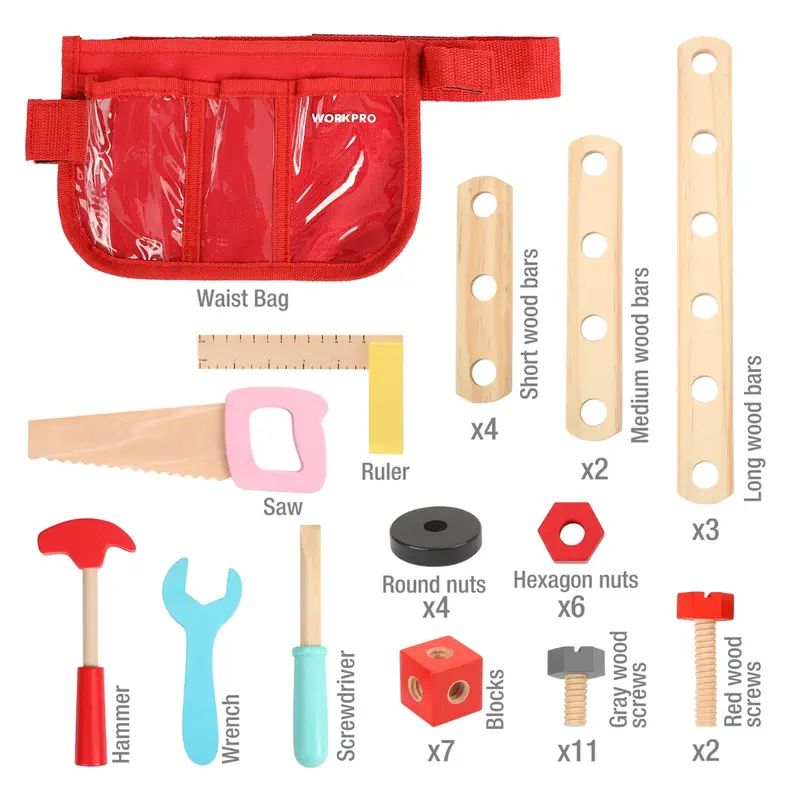 WORKPRO Holz-Bauspielzeug-Set mit 24 / 43 / 70 Teilen – tolles Geschenk für Kleinkinder ab 3 Jahren