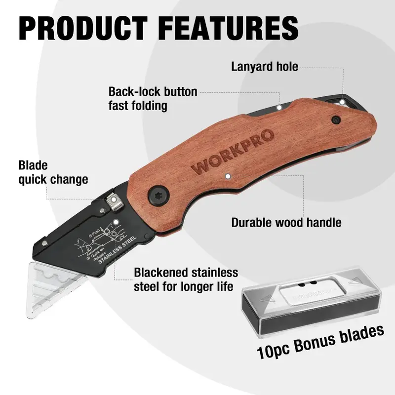 WORKPRO Klappbarer Allzweckmesser mit Holzgriff – Hochleistungsmodell 2