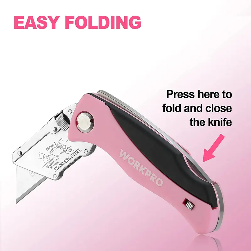 WORKPRO Klappbarer Allzweckmesser, schneller Wechsel des Kartonmessers, rosa Rasiermesser – Rosa Band