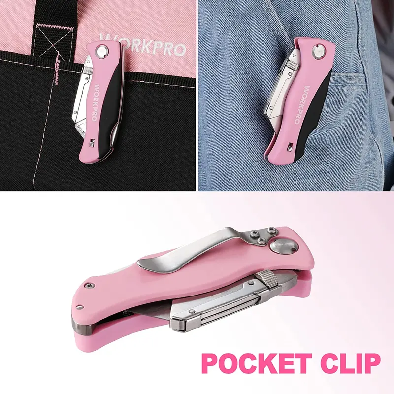 WORKPRO Klappbarer Allzweckmesser, schneller Wechsel des Kartonmessers, rosa Rasiermesser – Rosa Band
