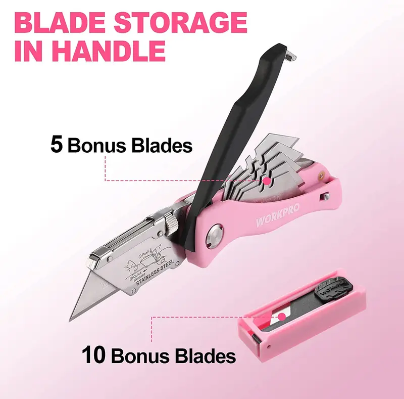 WORKPRO Klappbarer Allzweckmesser, schneller Wechsel des Kartonmessers, rosa Rasiermesser – Rosa Band