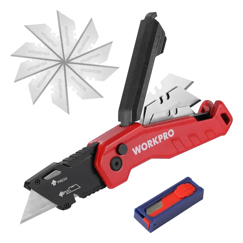 WORKPRO Klappbares Universal-Messer, schneller Austausch von Kartonmesser-Klingen – 13 zusätzliche Klingen im Lieferumfang