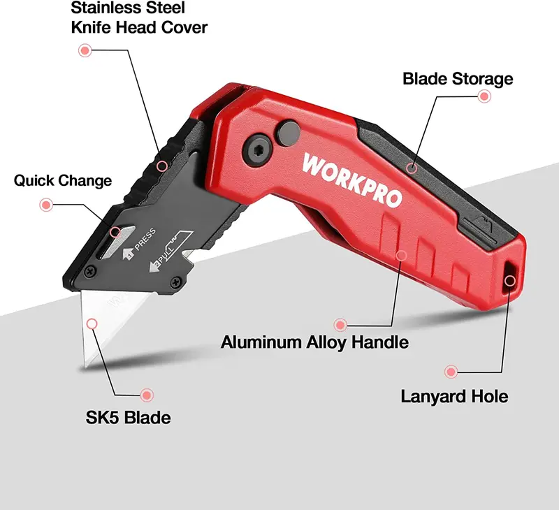 WORKPRO Klappbares Universal-Messer, schneller Austausch von Kartonmesser-Klingen – 13 zusätzliche Klingen im Lieferumfang
