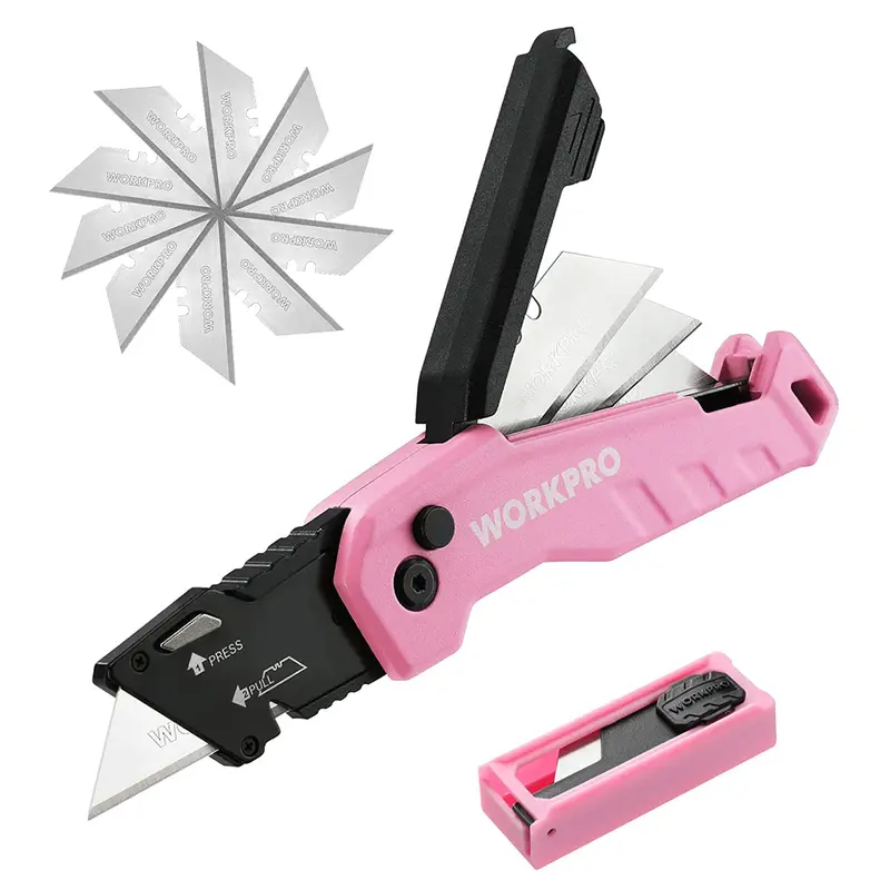 WORKPRO Klappbares Universal-Messer, schneller Austausch von Kartonmesser-Klingen – 13 zusätzliche Klingen im Lieferumfang