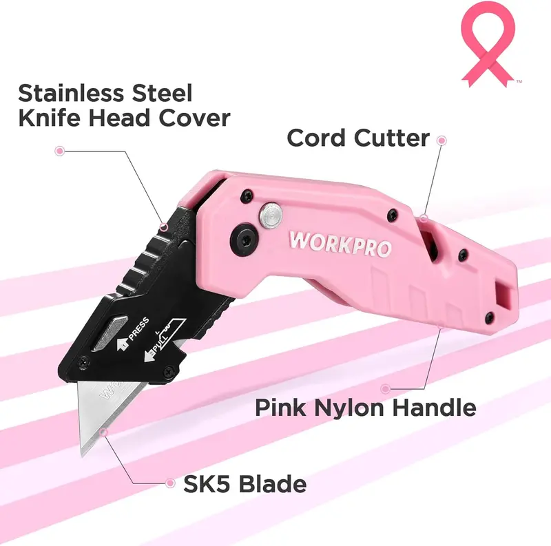 WORKPRO Klappmesser mit 10 Ersatzklingen – Rosa Band