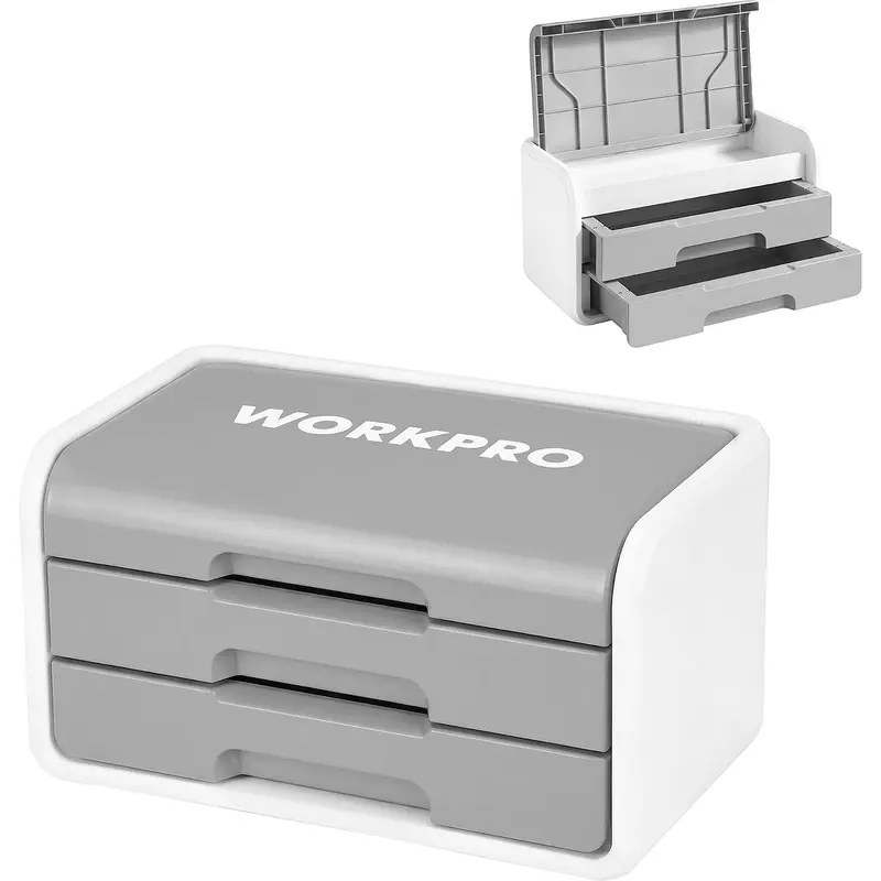 WORKPRO Kleiner Schreibtisch-Organizer mit 2 Schubladen, Klappdeckel, robuste ABS-Aufbewahrungsbox mit PP-Fußpolstern, leichtes Aufbewahrungsgehäuse für Büroartikel, Schreibtischzubehör und Bastelmaterial – Grau und Weiß