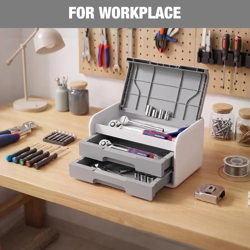 WORKPRO Kleiner Schreibtisch-Organizer mit 2 Schubladen, Klappdeckel, robuste ABS-Aufbewahrungsbox mit PP-Fußpolstern, leichtes Aufbewahrungsgehäuse für Büroartikel, Schreibtischzubehör und Bastelmaterial – Grau und Weiß