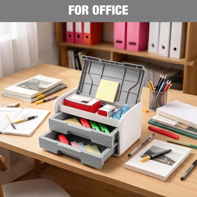 WORKPRO Kleiner Schreibtisch-Organizer mit 2 Schubladen, Klappdeckel, robuste ABS-Aufbewahrungsbox mit PP-Fußpolstern, leichtes Aufbewahrungsgehäuse für Büroartikel, Schreibtischzubehör und Bastelmaterial – Grau und Weiß