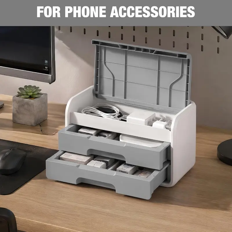WORKPRO Kleiner Schreibtisch-Organizer mit 2 Schubladen, Klappdeckel, robuste ABS-Aufbewahrungsbox mit PP-Fußpolstern, leichtes Aufbewahrungsgehäuse für Büroartikel, Schreibtischzubehör und Bastelmaterial – Grau und Weiß