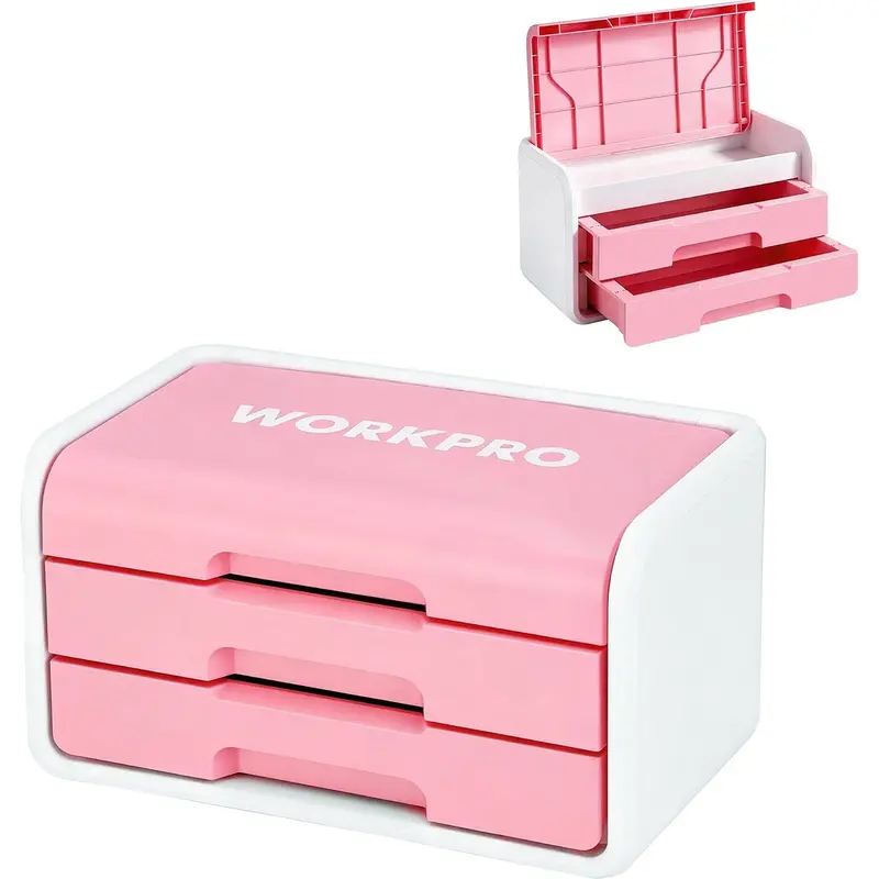 WORKPRO Kleiner Schreibtisch-Schubladenorganizer mit 2 Schubladen, Klappdeckel, robuste ABS-Aufbewahrungsbox mit PP-Fußpolstern, leichtes Aufbewahrungsetui für Büroartikel, Schreibtischzubehör und Bastelmaterial – Rosa und Weiß