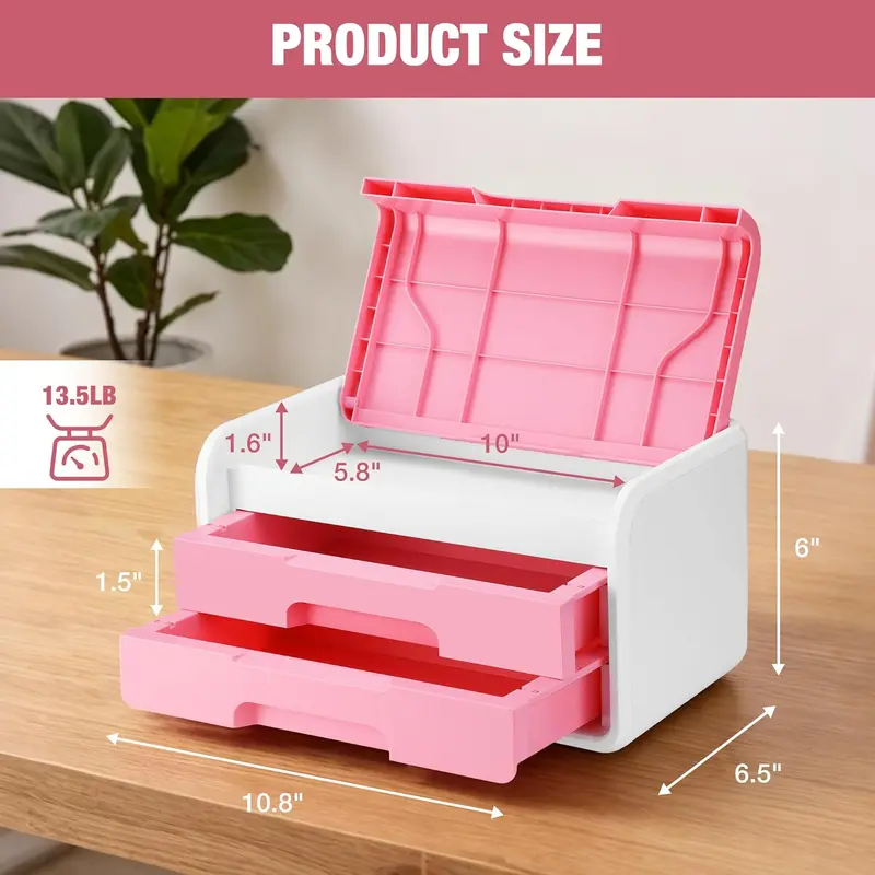 WORKPRO Kleiner Schreibtisch-Schubladenorganizer mit 2 Schubladen, Klappdeckel, robuste ABS-Aufbewahrungsbox mit PP-Fußpolstern, leichtes Aufbewahrungsetui für Büroartikel, Schreibtischzubehör und Bastelmaterial – Rosa und Weiß 2