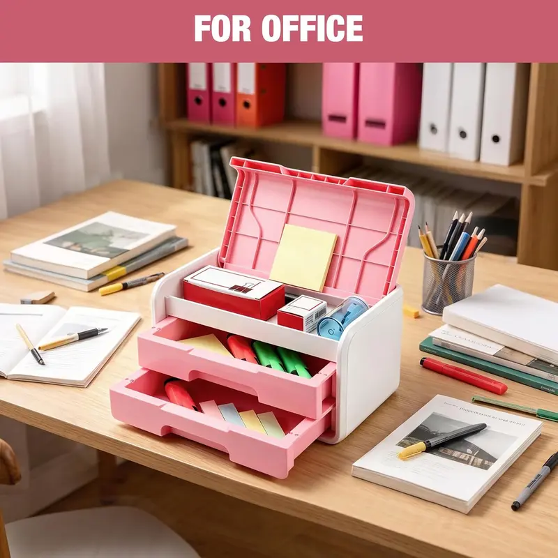 WORKPRO Kleiner Schreibtisch-Schubladenorganizer mit 2 Schubladen, Klappdeckel, robuste ABS-Aufbewahrungsbox mit PP-Fußpolstern, leichtes Aufbewahrungsetui für Büroartikel, Schreibtischzubehör und Bastelmaterial – Rosa und Weiß