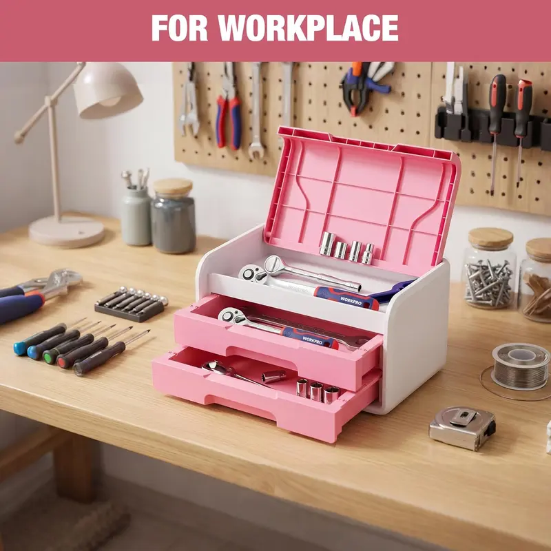 WORKPRO Kleiner Schreibtisch-Schubladenorganizer mit 2 Schubladen, Klappdeckel, robuste ABS-Aufbewahrungsbox mit PP-Fußpolstern, leichtes Aufbewahrungsetui für Büroartikel, Schreibtischzubehör und Bastelmaterial – Rosa und Weiß