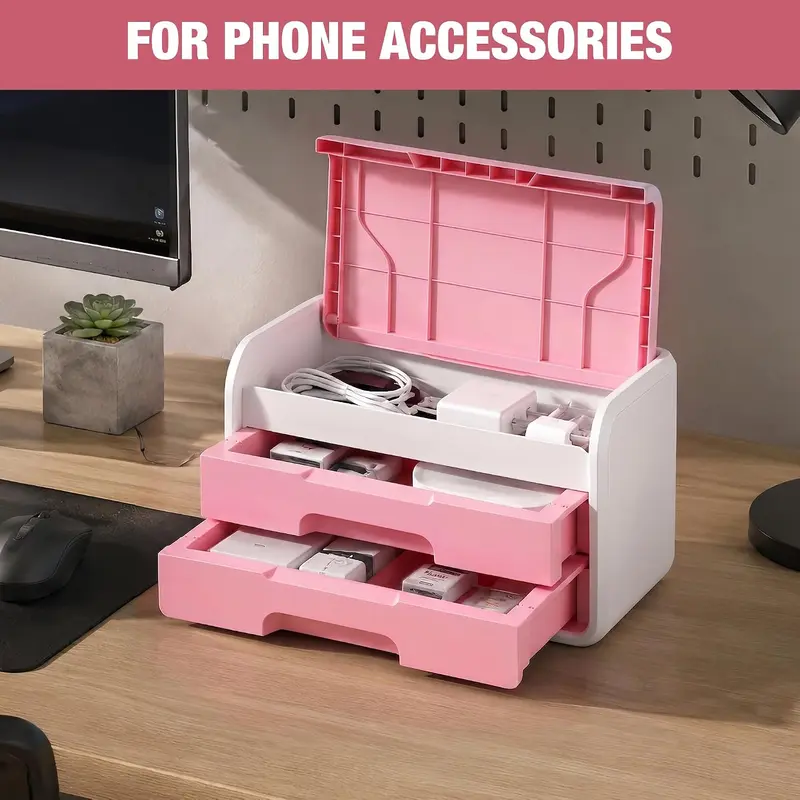 WORKPRO Kleiner Schreibtisch-Schubladenorganizer mit 2 Schubladen, Klappdeckel, robuste ABS-Aufbewahrungsbox mit PP-Fußpolstern, leichtes Aufbewahrungsetui für Büroartikel, Schreibtischzubehör und Bastelmaterial – Rosa und Weiß