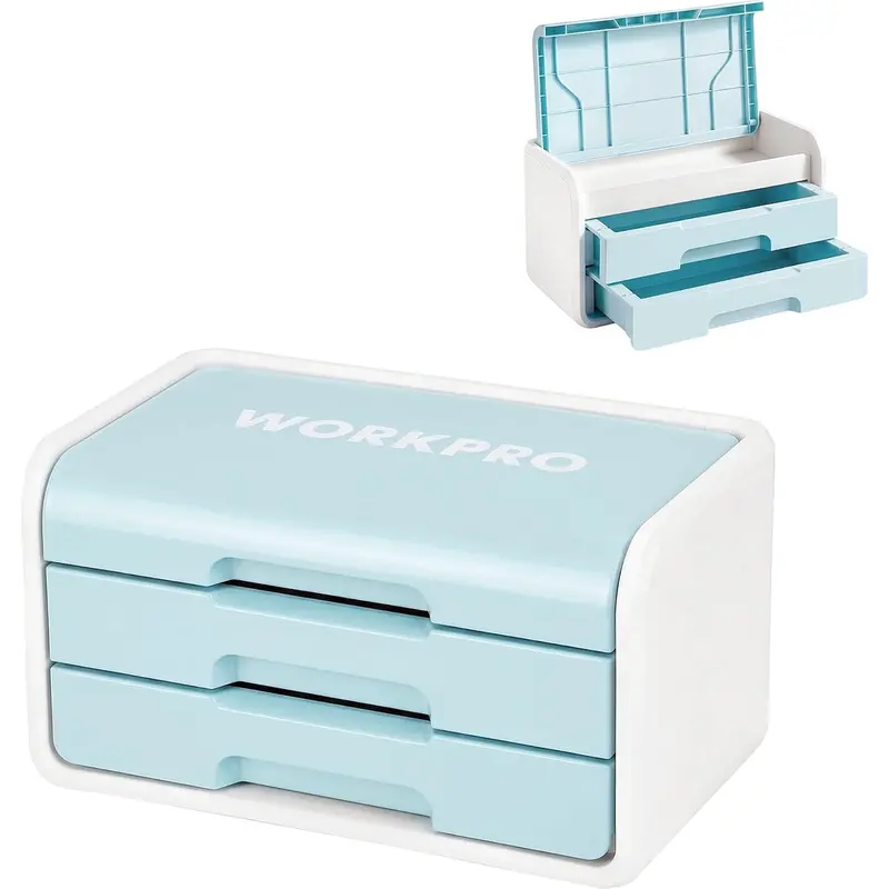 WORKPRO Kleiner Schreibtisch-Schubladenorganizer mit 2 Schubladen, Klappdeckel, robuste ABS-Aufbewahrungsbox mit PP-Fußpolstern, leichtes Aufbewahrungsetui für Bürobedarf, Schreibtischzubehör und Bastelmaterial – Blau und Weiß