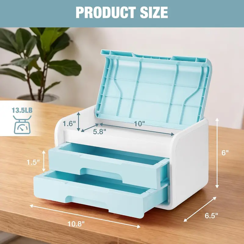 WORKPRO Kleiner Schreibtisch-Schubladenorganizer mit 2 Schubladen, Klappdeckel, robuste ABS-Aufbewahrungsbox mit PP-Fußpolstern, leichtes Aufbewahrungsetui für Bürobedarf, Schreibtischzubehör und Bastelmaterial – Blau und Weiß 2