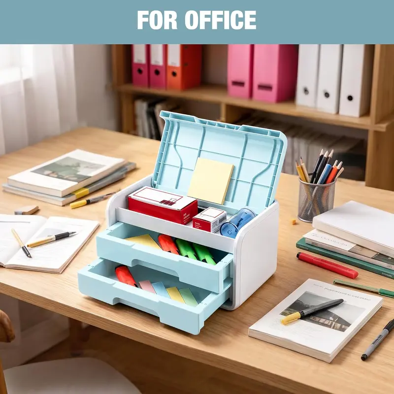WORKPRO Kleiner Schreibtisch-Schubladenorganizer mit 2 Schubladen, Klappdeckel, robuste ABS-Aufbewahrungsbox mit PP-Fußpolstern, leichtes Aufbewahrungsetui für Bürobedarf, Schreibtischzubehör und Bastelmaterial – Blau und Weiß