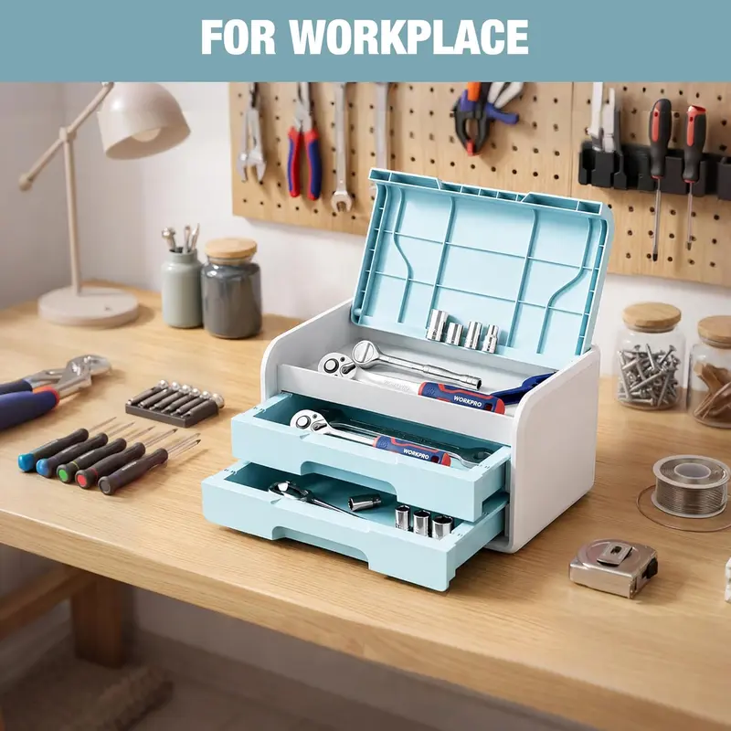 WORKPRO Kleiner Schreibtisch-Schubladenorganizer mit 2 Schubladen, Klappdeckel, robuste ABS-Aufbewahrungsbox mit PP-Fußpolstern, leichtes Aufbewahrungsetui für Bürobedarf, Schreibtischzubehör und Bastelmaterial – Blau und Weiß