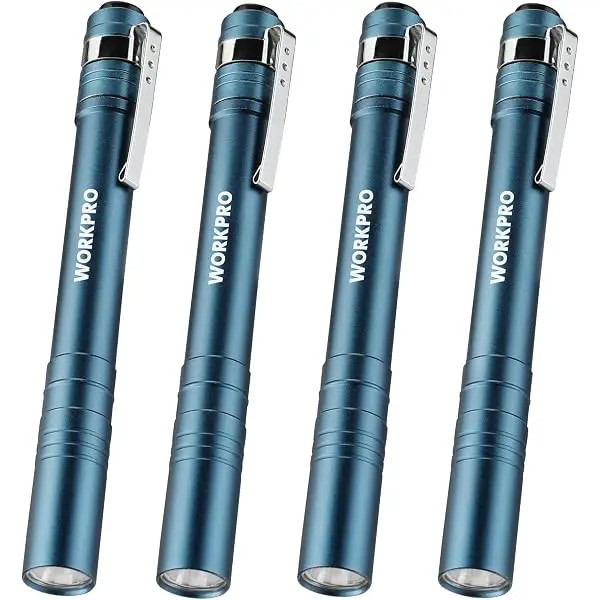 WORKPRO LED-Stiftlampe, Aluminium-Stift-Taschenlampen, Taschenlampe mit Clip für Inspektionen, Notfälle und den Alltag – 2 AAA-Batterien im Lieferumfang enthalten, Blau (4er-Pack)