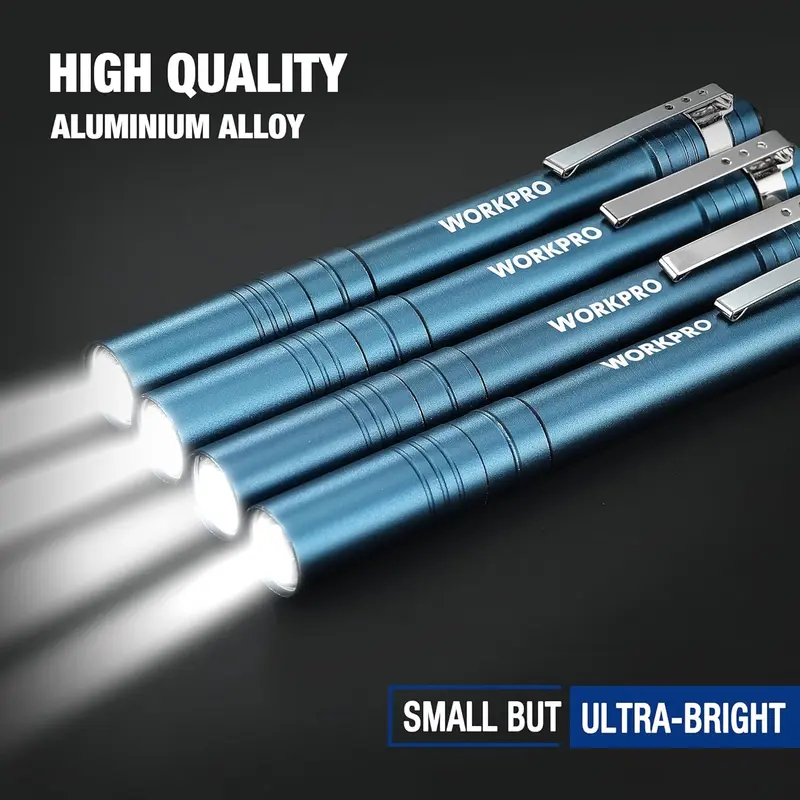 WORKPRO LED-Stiftlampe, Aluminium-Stift-Taschenlampen, Taschenlampe mit Clip für Inspektionen, Notfälle und den Alltag – 2 AAA-Batterien im Lieferumfang enthalten, Blau (4er-Pack)