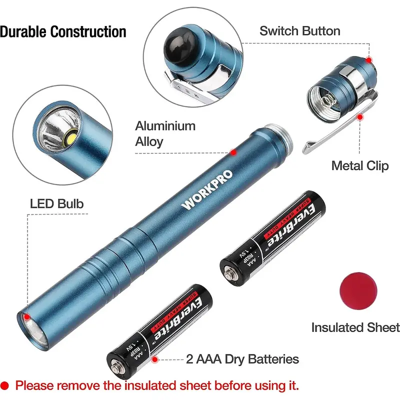 WORKPRO LED-Stiftlampe, Aluminium-Stift-Taschenlampen, Taschenlampe mit Clip für Inspektionen, Notfälle und den Alltag – 2 AAA-Batterien im Lieferumfang enthalten, Blau (4er-Pack)