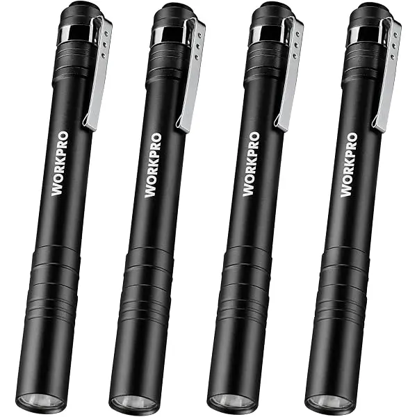 WORKPRO LED-Stiftlampe, Aluminium-Stiftlampen, Taschenlampe mit Clip für Inspektionen, Notfälle und den Alltag, schwarz (4er-Pack)