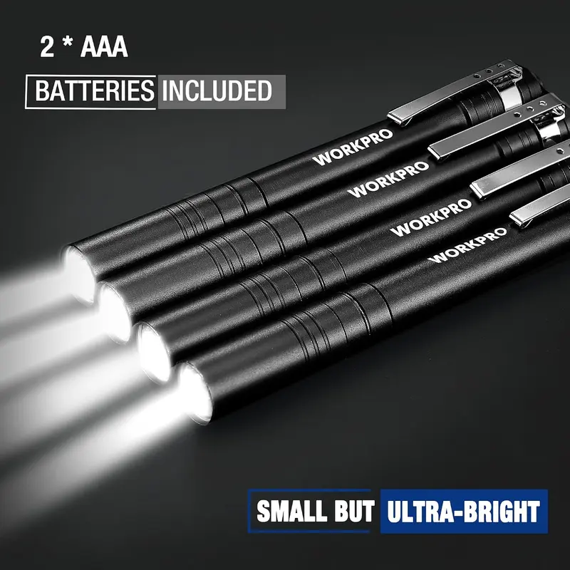 WORKPRO LED-Stiftlampe, Aluminium-Stiftlampen, Taschenlampe mit Clip für Inspektionen, Notfälle und den Alltag, schwarz (4er-Pack)