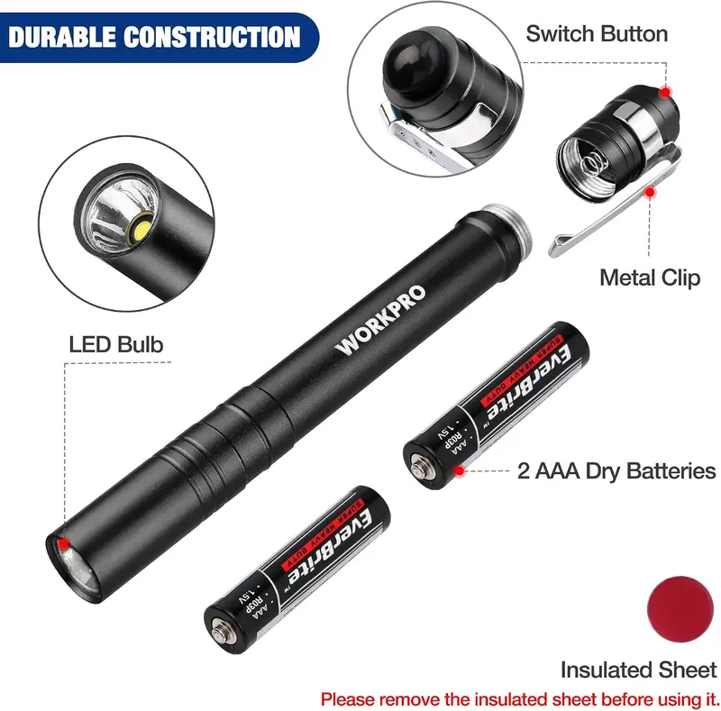 WORKPRO LED-Stiftlampe, Aluminium-Stiftlampen, Taschenlampe mit Clip für Inspektionen, Notfälle und den Alltag, schwarz (4er-Pack)