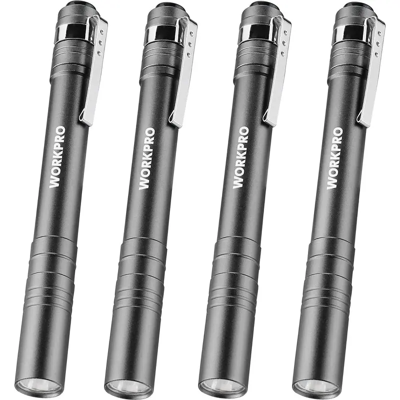 WORKPRO LED-Stiftlampe, Aluminium-Stifttaschenlampe mit Clip für Inspektionen, Notfälle und den Alltag – 2 AAA-Batterien inklusive, Grau (4er-Pack)