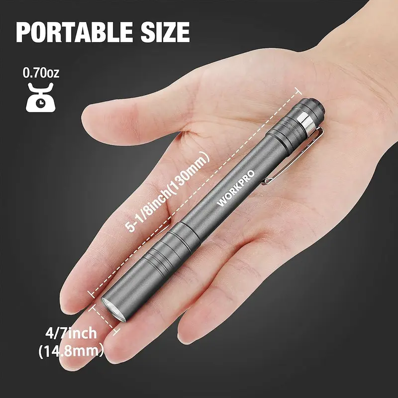 WORKPRO LED-Stiftlampe, Aluminium-Stifttaschenlampe mit Clip für Inspektionen, Notfälle und den Alltag – 2 AAA-Batterien inklusive, Grau (4er-Pack) 2