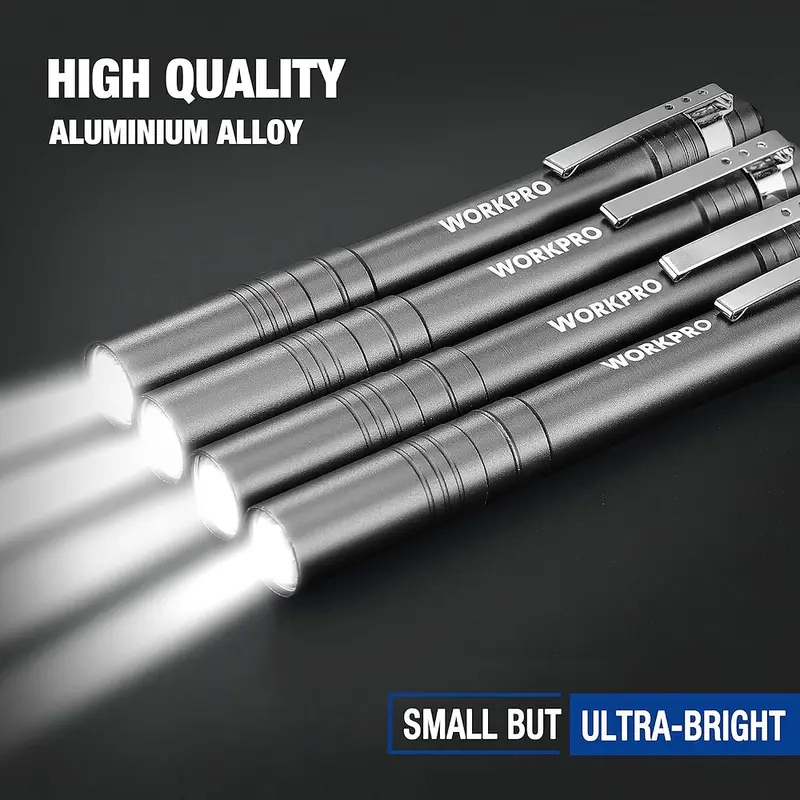 WORKPRO LED-Stiftlampe, Aluminium-Stifttaschenlampe mit Clip für Inspektionen, Notfälle und den Alltag – 2 AAA-Batterien inklusive, Grau (4er-Pack)