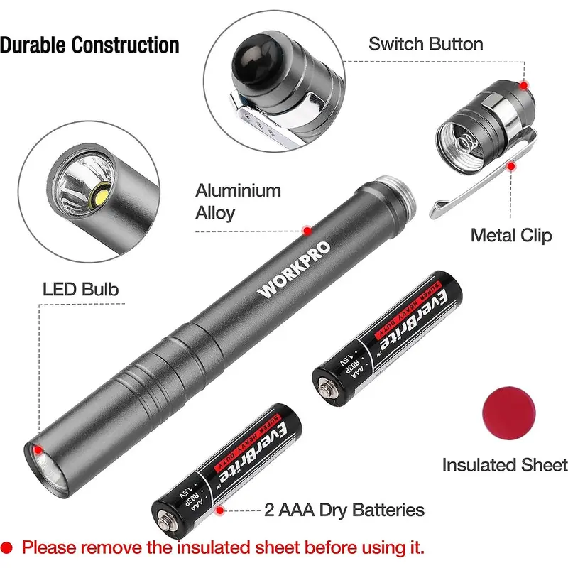 WORKPRO LED-Stiftlampe, Aluminium-Stifttaschenlampe mit Clip für Inspektionen, Notfälle und den Alltag – 2 AAA-Batterien inklusive, Grau (4er-Pack)