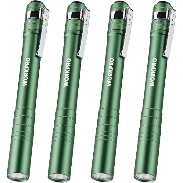 WORKPRO LED-Stiftlampe, Aluminium-Stifttaschenlampe mit Clip für Inspektionen, Notfälle und den Alltag – 2 AAA-Batterien inklusive, grün (4er-Pack)