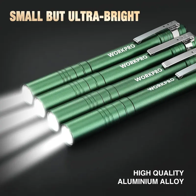 WORKPRO LED-Stiftlampe, Aluminium-Stifttaschenlampe mit Clip für Inspektionen, Notfälle und den Alltag – 2 AAA-Batterien inklusive, grün (4er-Pack)