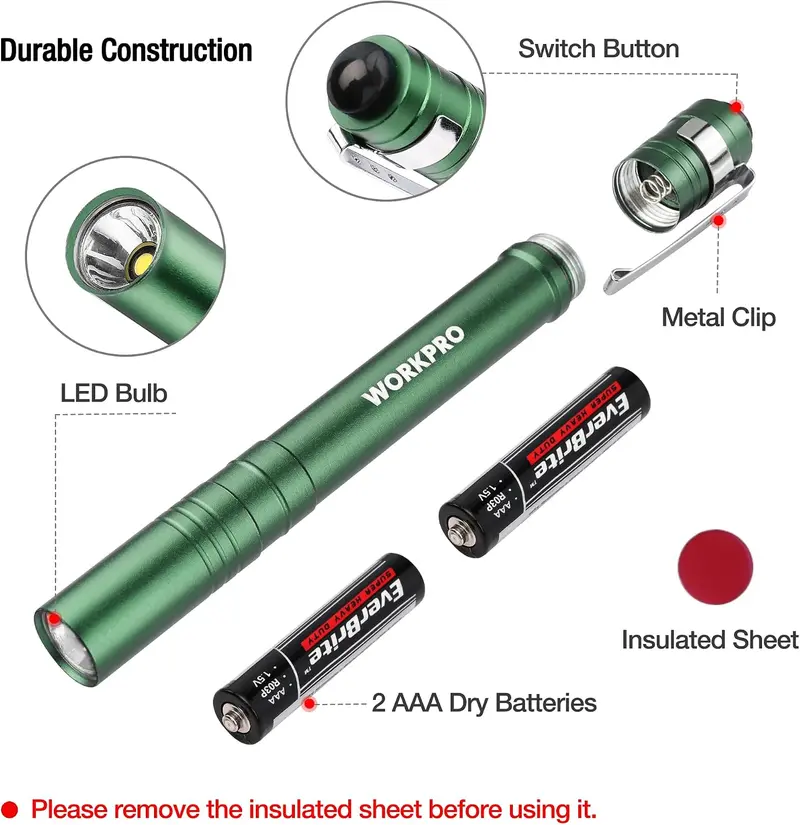 WORKPRO LED-Stiftlampe, Aluminium-Stifttaschenlampe mit Clip für Inspektionen, Notfälle und den Alltag – 2 AAA-Batterien inklusive, grün (4er-Pack)