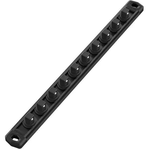 WORKPRO magnetische Steckschlüssel-Organizer-Schiene, 3/8-Zoll-Antrieb aus Aluminiumlegierung, robuste Steckschlüsselhalterung, Steckschlüssel-Rack-Set mit 3/8-Zoll x 10 Clips, schwarz (Steckschlüssel nicht im Lieferumfang enthalten)