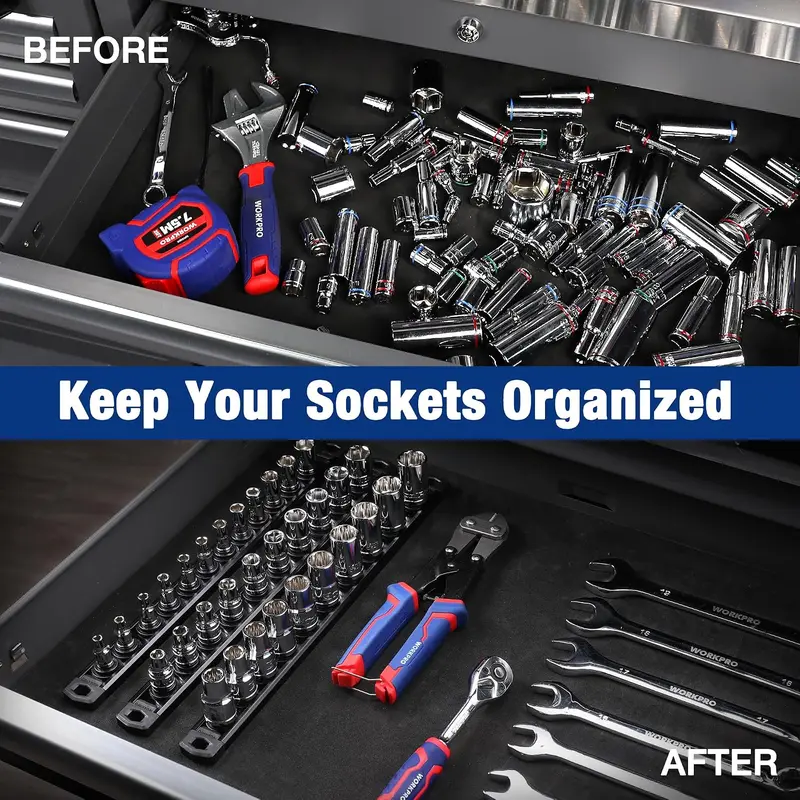 WORKPRO magnetische Steckschlüssel-Organizer-Schiene, 3/8-Zoll-Antrieb aus Aluminiumlegierung, robuste Steckschlüsselhalterung, Steckschlüssel-Rack-Set mit 3/8-Zoll x 10 Clips, schwarz (Steckschlüssel nicht im Lieferumfang enthalten) 2