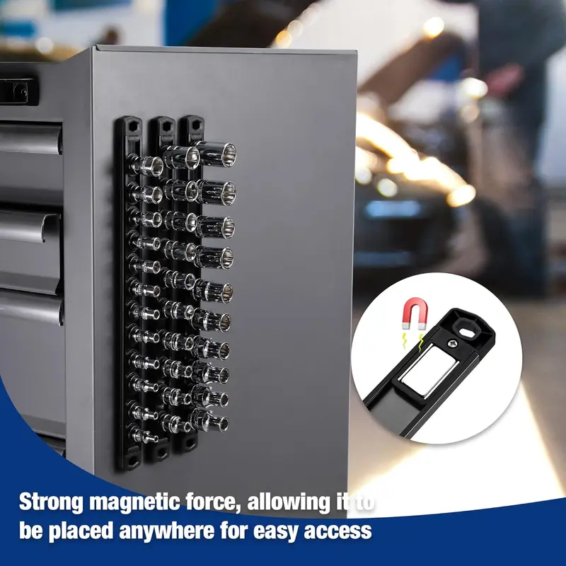 WORKPRO magnetische Steckschlüssel-Organizer-Schiene, 3/8-Zoll-Antrieb aus Aluminiumlegierung, robuste Steckschlüsselhalterung, Steckschlüssel-Rack-Set mit 3/8-Zoll x 10 Clips, schwarz (Steckschlüssel nicht im Lieferumfang enthalten)