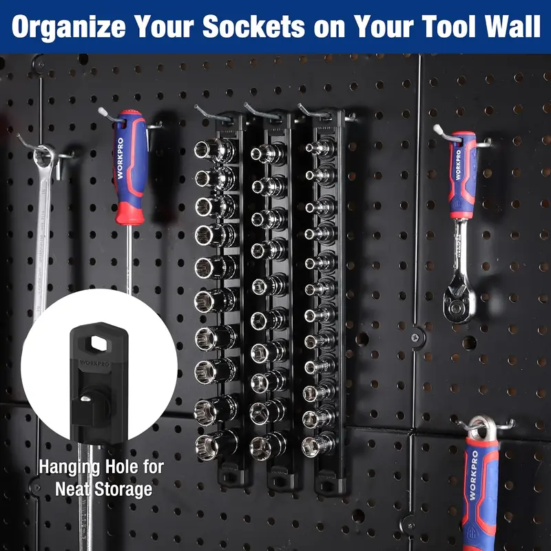 WORKPRO magnetische Steckschlüssel-Organizer-Schiene, 3/8-Zoll-Antrieb aus Aluminiumlegierung, robuste Steckschlüsselhalterung, Steckschlüssel-Rack-Set mit 3/8-Zoll x 10 Clips, schwarz (Steckschlüssel nicht im Lieferumfang enthalten)