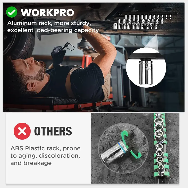 WORKPRO magnetische Steckschlüssel-Organizer-Schiene, 3/8-Zoll-Antrieb aus Aluminiumlegierung, robuste Steckschlüsselhalterung, Steckschlüssel-Rack-Set mit 3/8-Zoll x 10 Clips, schwarz (Steckschlüssel nicht im Lieferumfang enthalten)