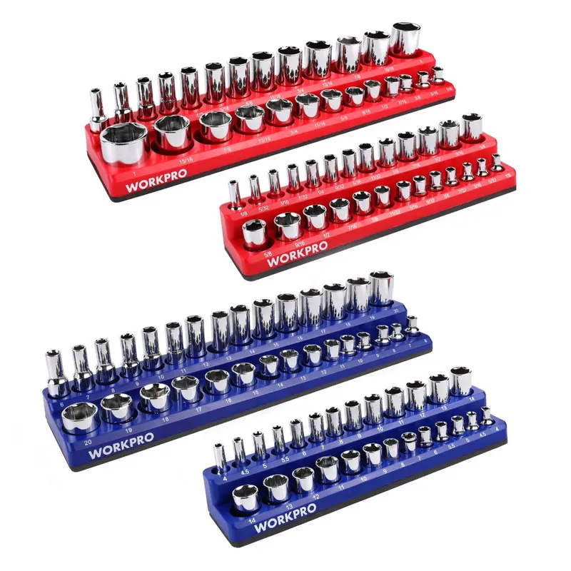 WORKPRO Magnetischer Steckdosen-Organizer-Set (4-teilig) mit 1/4"- und 3/8"-Antrieb, metrischem und SAE-Steckdosenträger – fasst 108 Standardgrößen