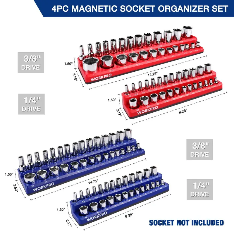 WORKPRO Magnetischer Steckdosen-Organizer-Set (4-teilig) mit 1/4"- und 3/8"-Antrieb, metrischem und SAE-Steckdosenträger – fasst 108 Standardgrößen