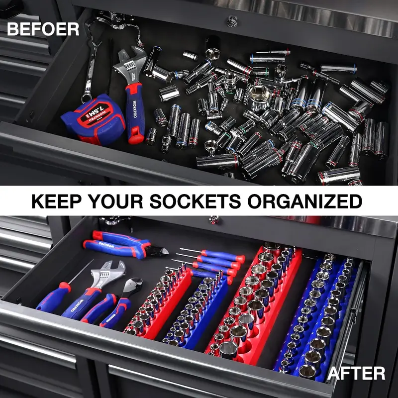 WORKPRO Magnetischer Steckdosen-Organizer-Set (4-teilig) mit 1/4"- und 3/8"-Antrieb, metrischem und SAE-Steckdosenträger – fasst 108 Standardgrößen