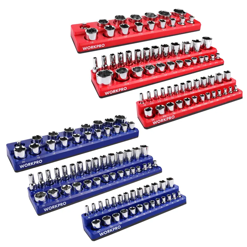 WORKPRO Magnetischer Steckdosen-Organizer-Set (6-teilig) mit 1/4", 3/8" und 1/2" Antrieb – Metrisches und SAE-Steckdosenset, fasst 141 Standardgrößen