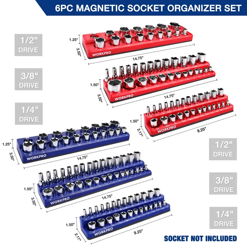 WORKPRO Magnetischer Steckdosen-Organizer-Set (6-teilig) mit 1/4", 3/8" und 1/2" Antrieb – Metrisches und SAE-Steckdosenset, fasst 141 Standardgrößen 2