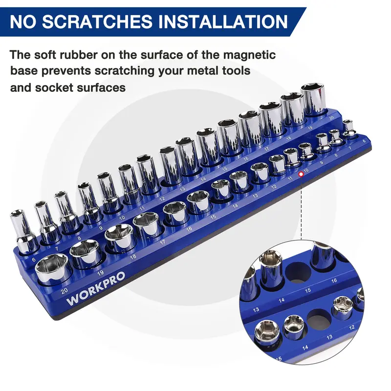 WORKPRO Magnetischer Steckdosen-Organizer-Set (6-teilig) mit 1/4", 3/8" und 1/2" Antrieb – Metrisches und SAE-Steckdosenset, fasst 141 Standardgrößen