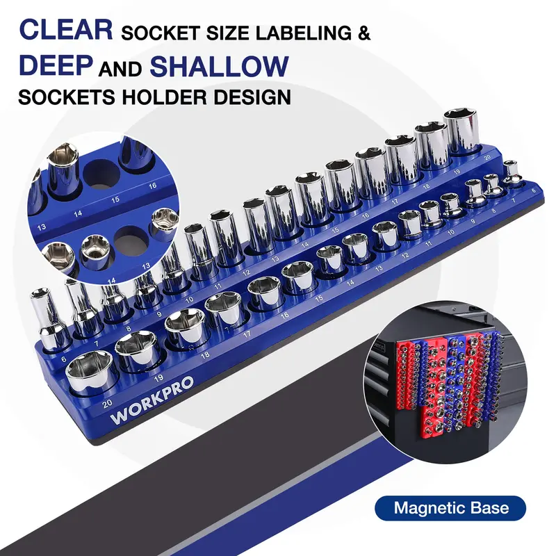 WORKPRO Magnetischer Steckdosen-Organizer-Set (6-teilig) mit 1/4", 3/8" und 1/2" Antrieb – Metrisches und SAE-Steckdosenset, fasst 141 Standardgrößen