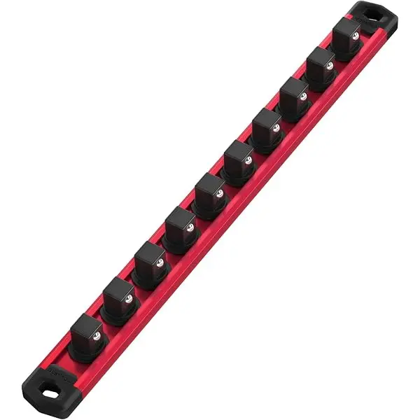 WORKPRO magnetischer Steckschlüssel-Organizer, 1/2-Zoll-Antrieb aus Aluminiumlegierung mit Schienenführung, robuste Steckschlüsselhalterung, Steckschlüssel-Rack-Set mit 1/2-Zoll-Antrieb und 10 Clips (rot)